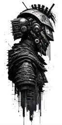 japanese cybertech/cyberpunk artwork style, depicting a cyberpunk city with robotic samurai head tattoo design idea