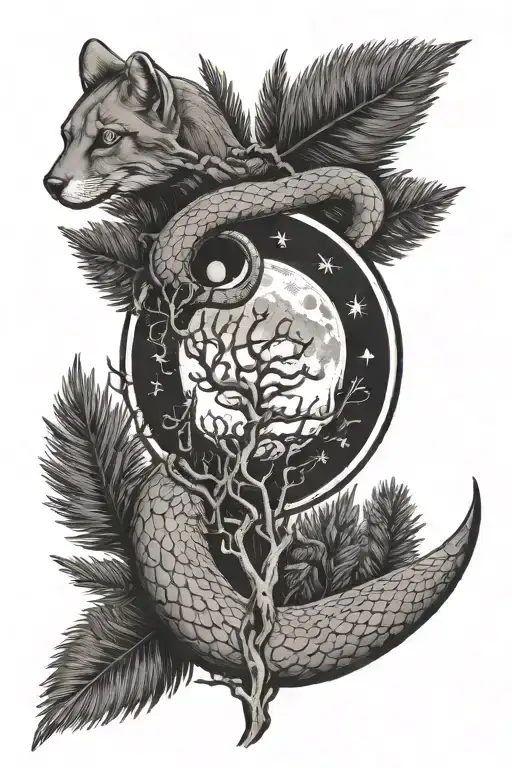 snake, pine tree or forest, moon phases, paw print hidden tattoo design idea