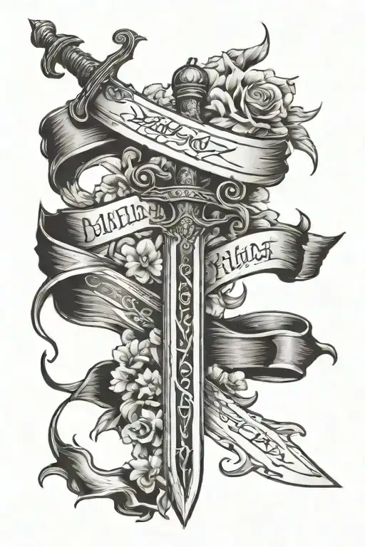 single bastard sword with  single banner reading Psalms 3:27 running horizontally tattoo design idea