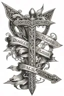 single bastard sword with  single banner reading Psalms 3:27 running horizontally tattoo design idea