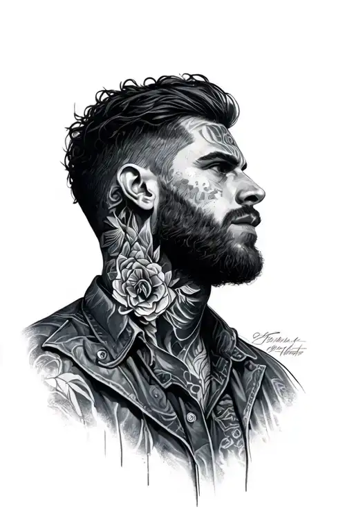 full sleeve tattoo black and grey that portrait a man journey from leaving his hometown and feeling lost tattoo design idea