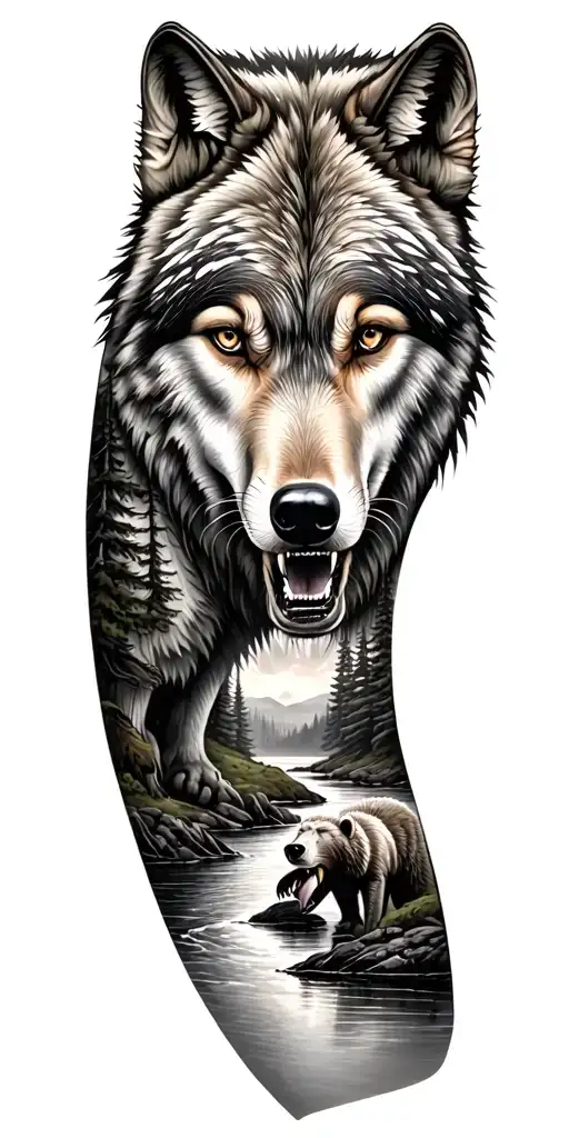 A MEGESTIC FORREST WITH A RIVER AND A WOLF AND BEAR IN THE BACKGROUND tattoo design idea