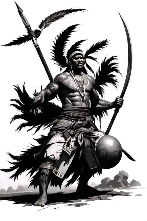 A fierce indigenous warrior in battle, wielding a spear and bolas, mid-action pose, traditional clothing, dramatic light tattoo design idea