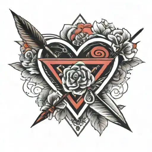 infinity symbol arrow through heart blooming with triangle inside wrapped in a banner tattoo design idea