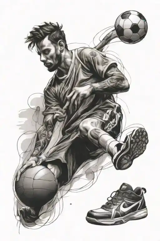 A sketch tattoo of a soccer player, basketball player, swimmer, and guitarist all in one design, representing your various passions and hobbies tattoo design idea