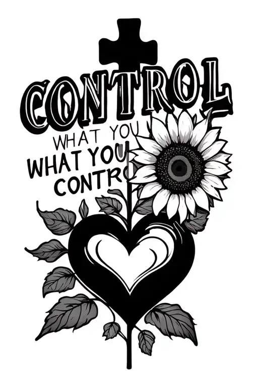 "CONTROL WHAT YOU CAN CONTROL" "CONTROL WHAT YOU CAN CONTROL" inside of a cross, puzzle piece heart, peace sign, sunflower in foreground tattoo design idea