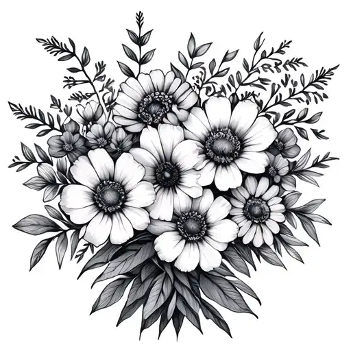 fine line bouquet with february, march, april, june, november, and december birth flowers tattoo design idea