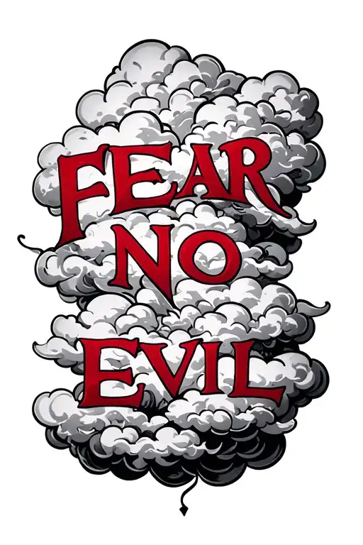 The tattoo features a cloud-like design with a Bible verse written in red, specifically "FEAR NO EVIL" in bold letters,  tattoo design idea