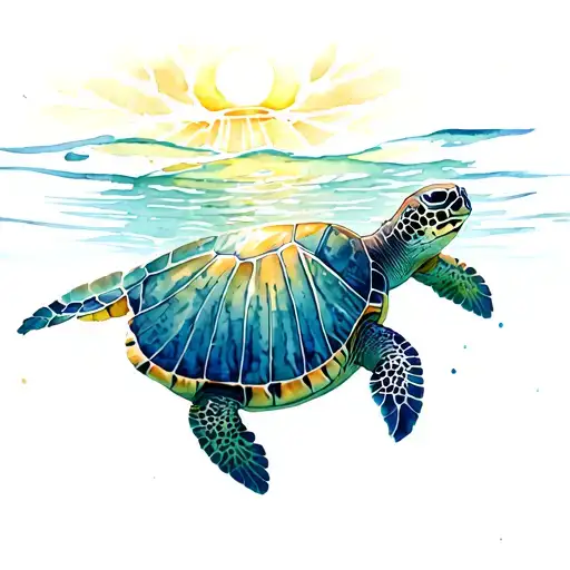 Turtle Nessaja under water with light from above. Sunbeam. Unterwater landscape tattoo design idea