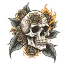 skull roses fire  tattoo design idea