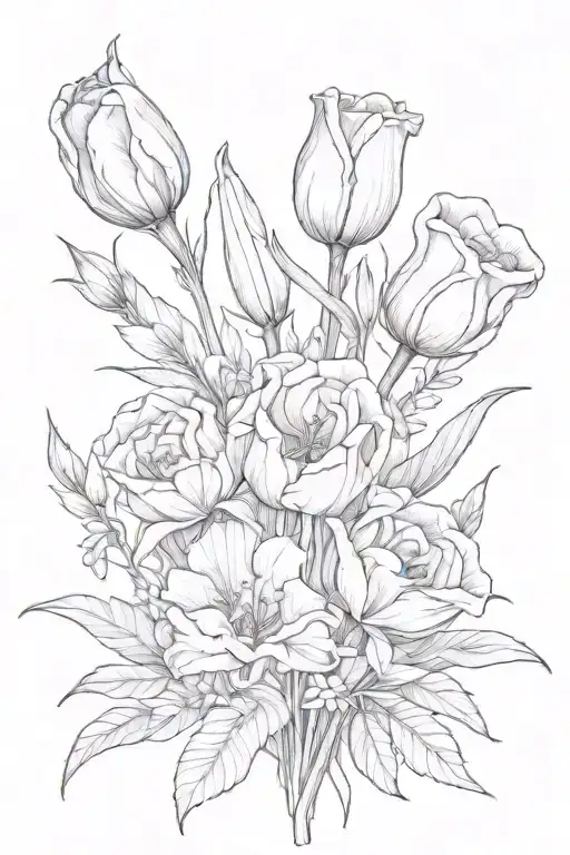 flower bouquet with one tulip, one iris, and two roses. four flowers in total tattoo design idea