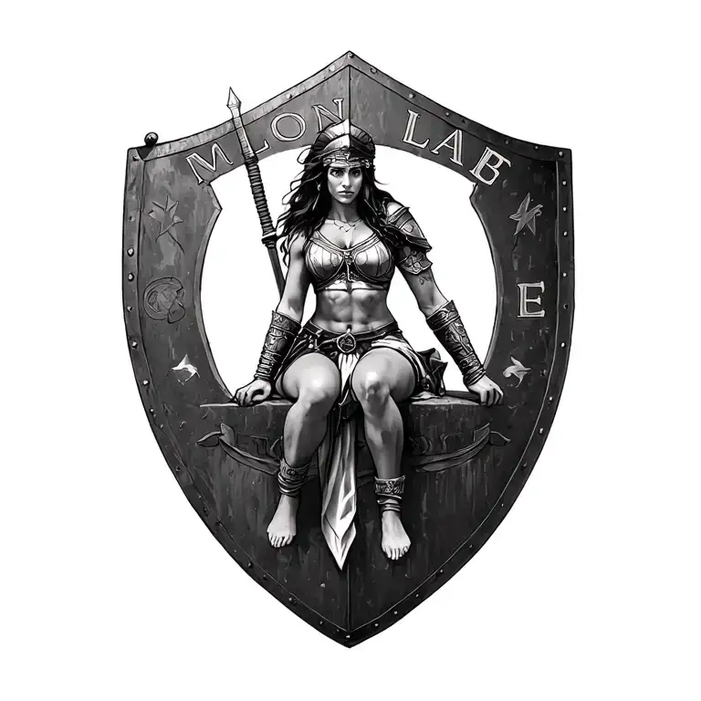 black and white spartin woman warrior sitting on a old battle shield inscribed with MOLON LABE tattoo design idea