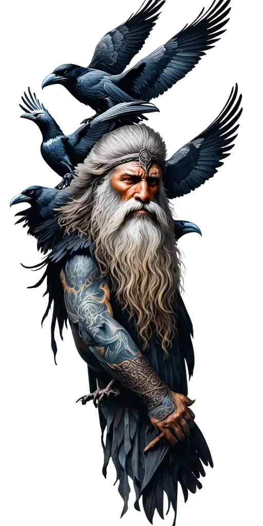 Nordic and slavic mythology, Odin with ravens, leshy and bies not mixed as once, just to appear on an arm tattoo design idea