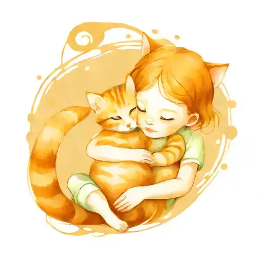 little child hugging ginger cat tattoo design idea
