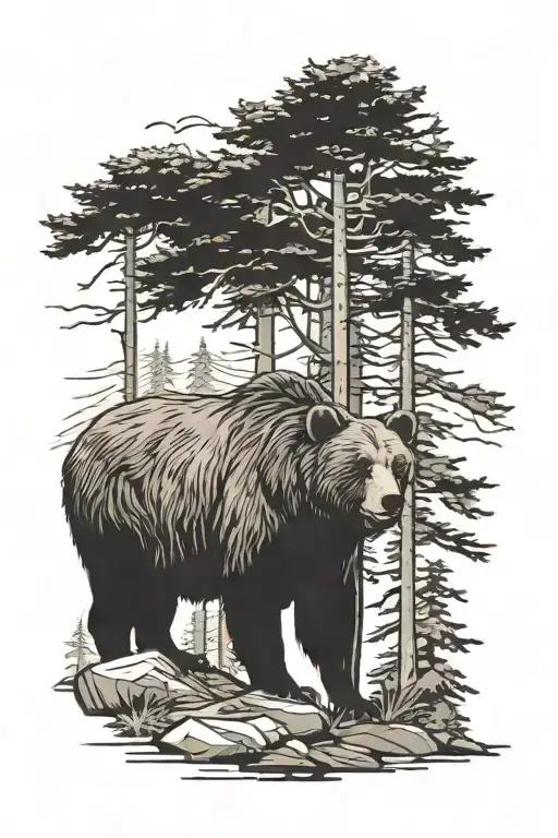 bears and moose pine tree forest filled tattoo design idea
