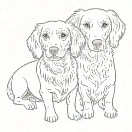 2 dogs (weiner dog and a golden retriever puppy) one on each side of a girl facing forward tattoo design idea