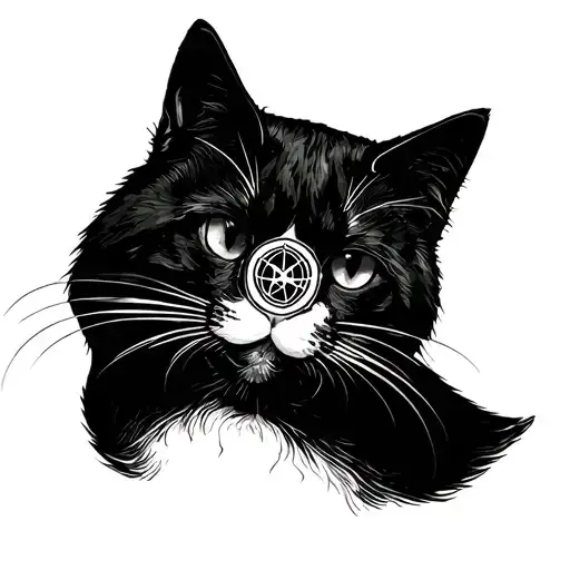 black and white cat head with atom symbol incorporated tattoo design idea