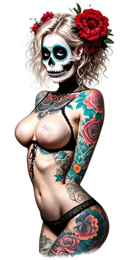 Sexy Pale Girl, petite, big boobs, wide hips, G-String. Messy hair, dia de los muertos, sexual. Seductive. Full Body tattoo design idea