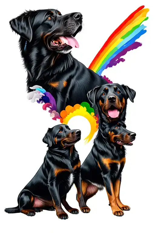 A man with Grey/Black hair towards the rainbow bridge, being greeted by black Labradors and German shepherds  tattoo design idea
