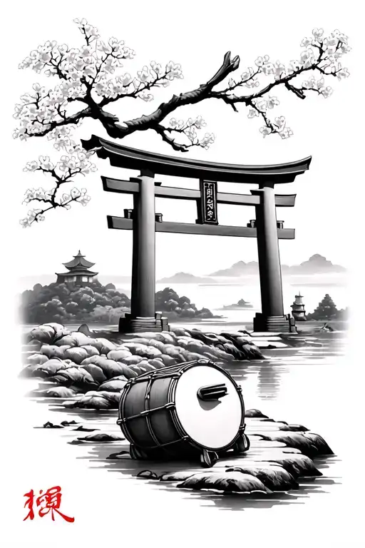 The island of Okinawa with a torii gate, sanshin, taiko drum, and cherry blossom branch  tattoo design idea