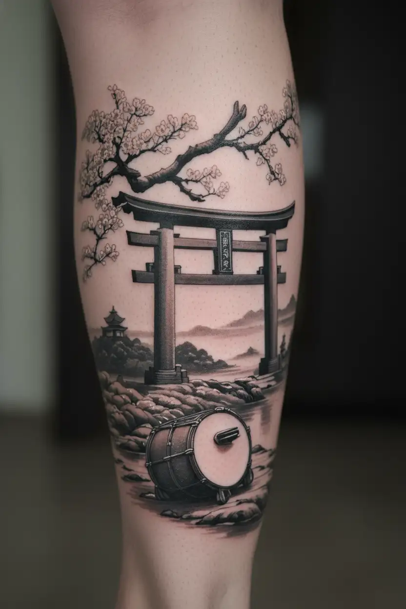 The island of Okinawa with a torii gate, sanshin, taiko drum, and cherry blossom branch  tattoo design idea