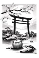 The island of Okinawa with a torii gate, sanshin, taiko drum, and cherry blossom branch  tattoo design idea