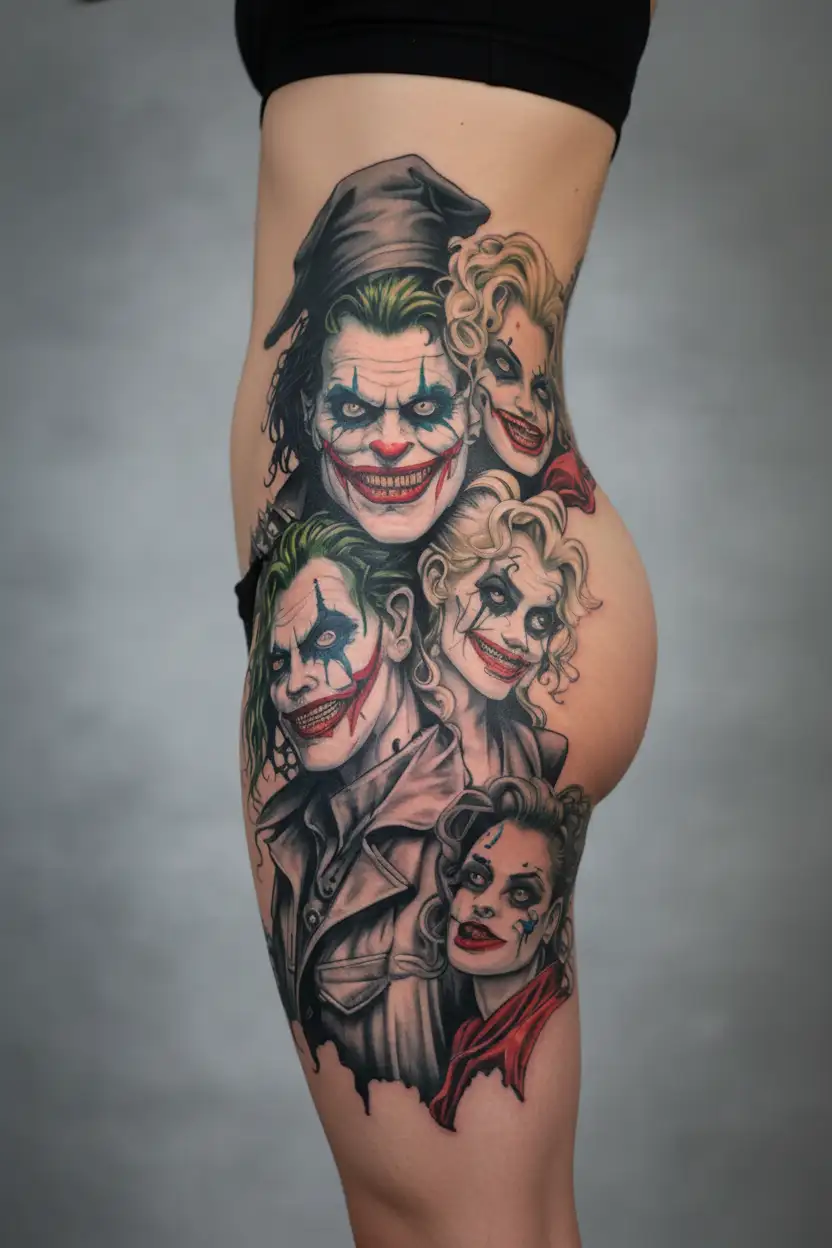 medusa, joker, and Harley Quinn tattoo design idea