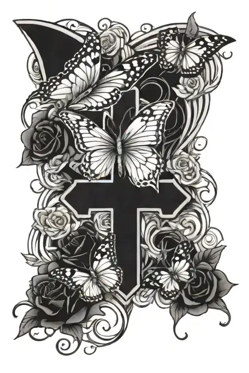 butterflies, father death, cross, roses, heart tattoo design idea