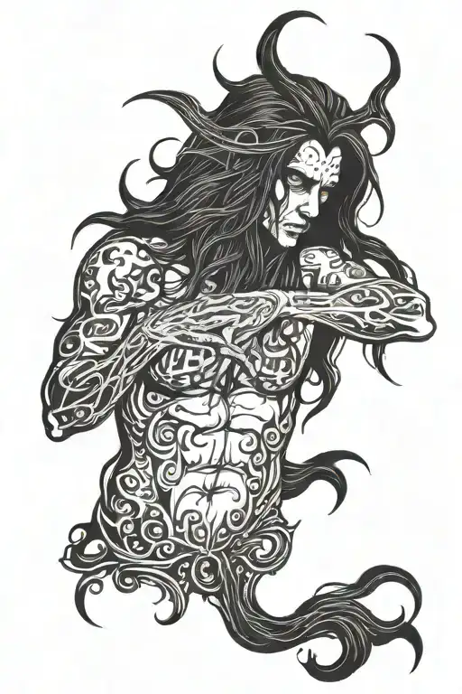 Black metal guy with long black hair covering his body in a gothic minimalist style tattoo design idea