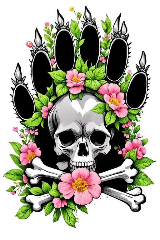 Dog pawprint with skull and cross bones wrapped in green and pink flowers tattoo design idea