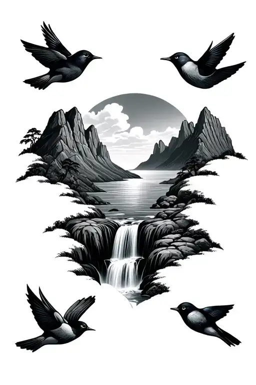 Tattoo realistically black white forearm with mountains Jamaica, waterfall and Three Little Birds tattoo design idea