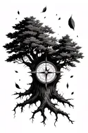 tree with compass embedded in it and leaves falling tattoo design idea
