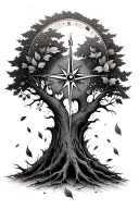 tree with compass embedded in it and leaves falling tattoo design idea