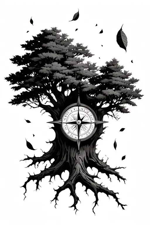 tree with compass embedded in it and leaves falling tattoo design idea