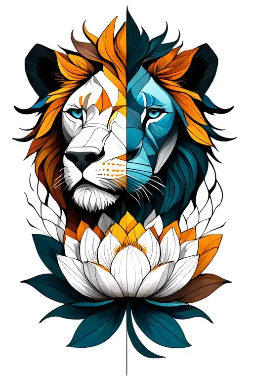 half lion head half lioness head with lotus flower tattoo design idea