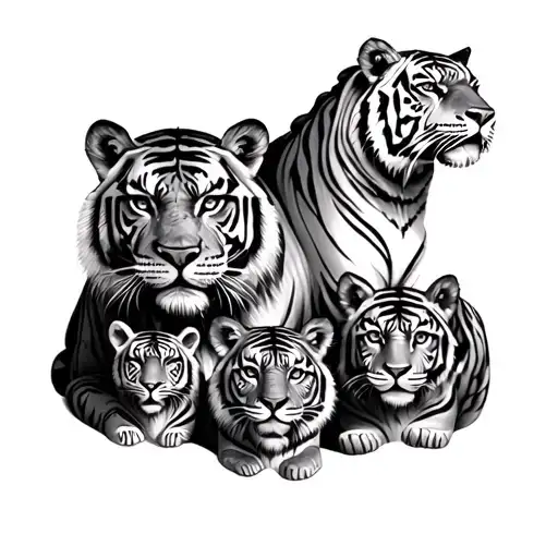 Family tattoos with tigers at the top of an adult (symbolizes the father) next to the tigress (symbolizes his wife) at the bottom of 4 tigers (children) tattoo design idea