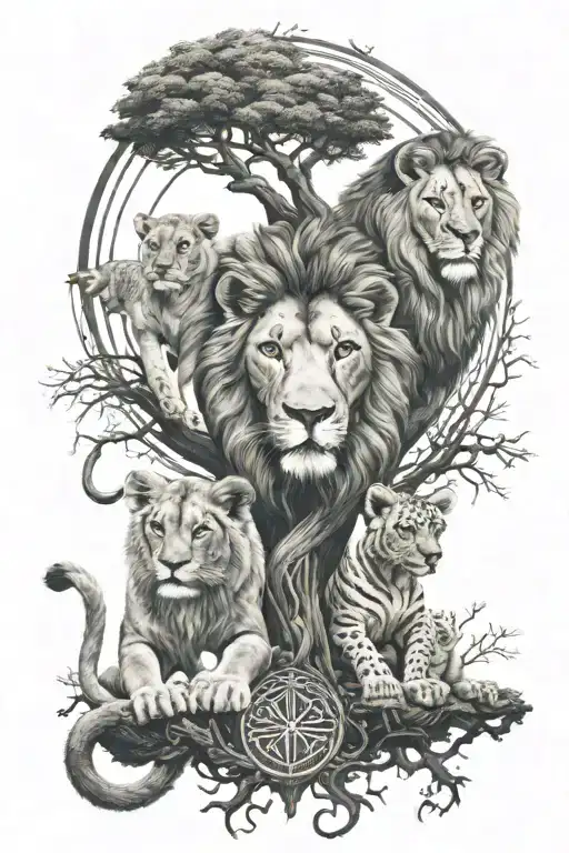 lion cubs, pharaoh, tree of life, angel numbers, anime, energy, sun, moon, elements, adinkra, Africa, 444, yin yang tattoo design idea
