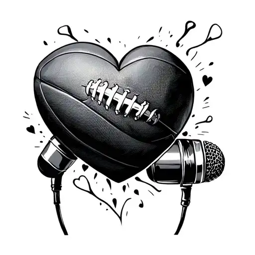 rugby ball and microphone intertwined hearts one soul tattoo design idea