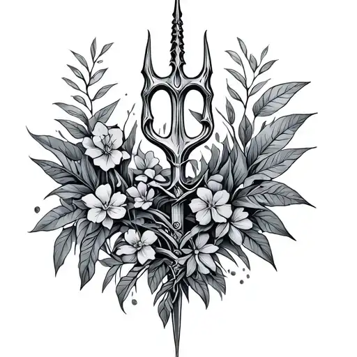 trident with jungles leaves and flowers intertwined tattoo design idea
