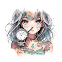 anime girl with Broken watch tattoo design idea