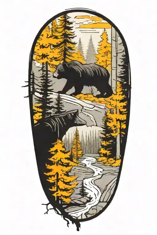 forest with bear walking tattoo design idea