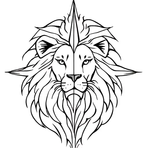 A minimalist tattoo design of a lion with a compass integrated into its mane, symbolizing guidance and strength in spirituality tattoo design idea