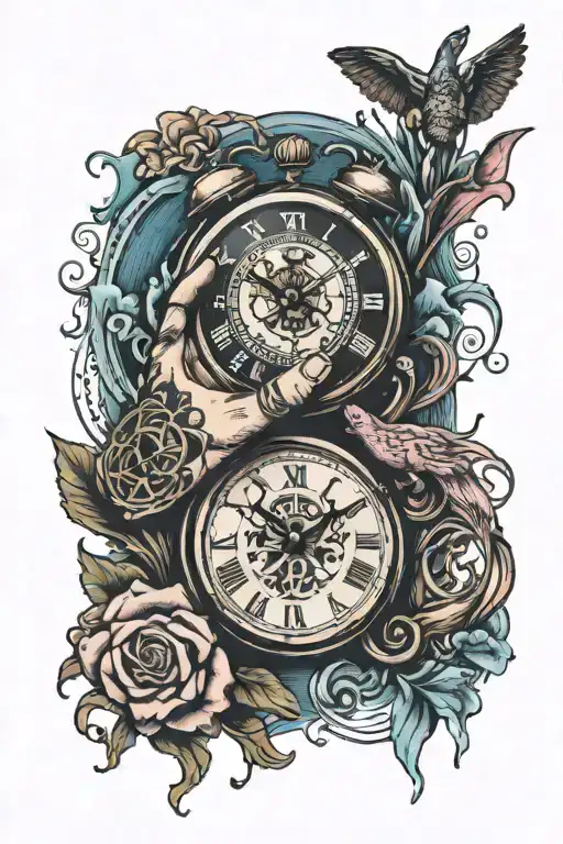 praying hands , clock , ocean , pinky ring , music note tattoo design idea