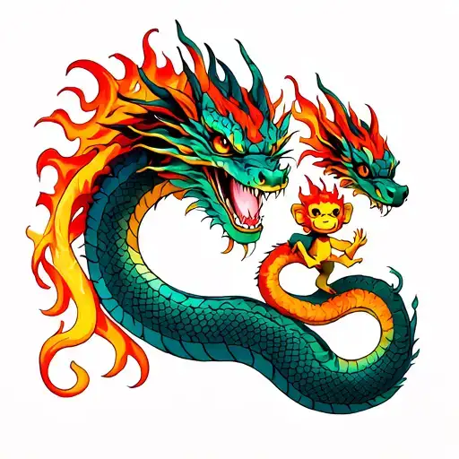 Create a tattoo blending a mommy fire dragon with a daughter water snake and a daughter fire monkey together. In color.  tattoo design idea