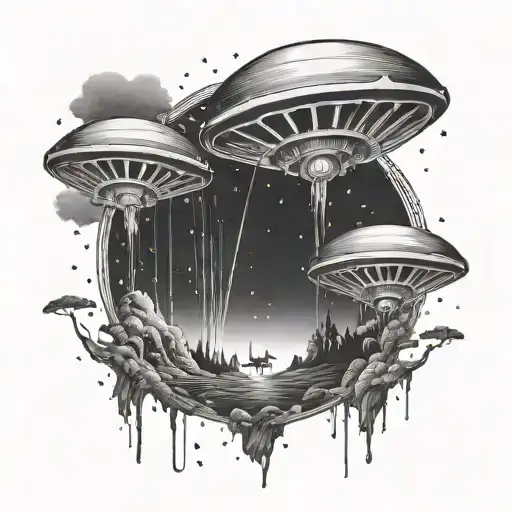 Illustrate a mysterious alien abduction scene with a musical twist tattoo design idea