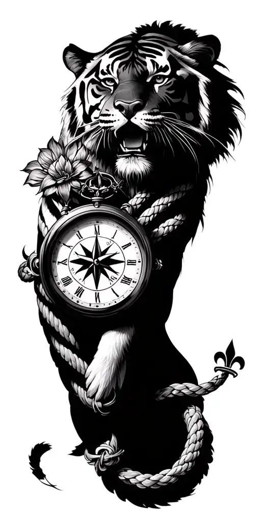 tiger, fluer de lis, rope, clock, compass, tattoo design idea