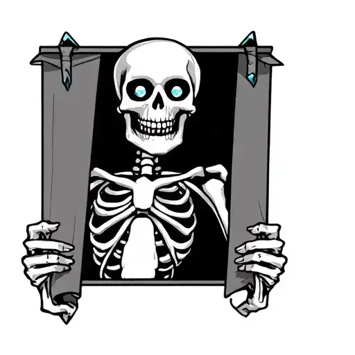 A skeleton with diamond eyes holding a vertical banner tattoo design idea
