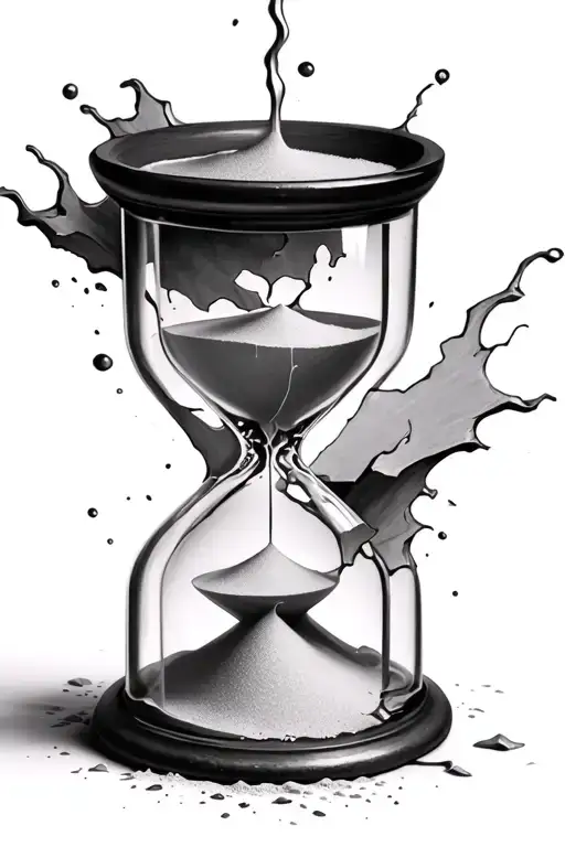 Broken hourglass, bottom chamber broken, sand pouring out. Greyscale tattoo design idea