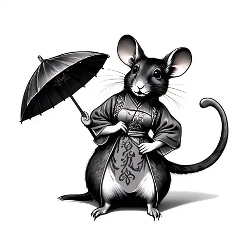 japanese stylised beautiful lady rat standing and holding a parsol while dressed ina dress tattoo design idea