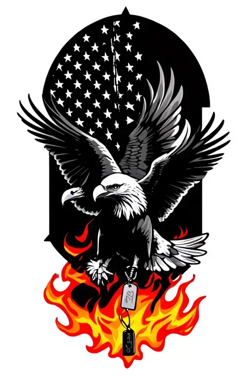 an eagle flying out of flames with the usa flag and dog tags in its talons   tattoo design idea